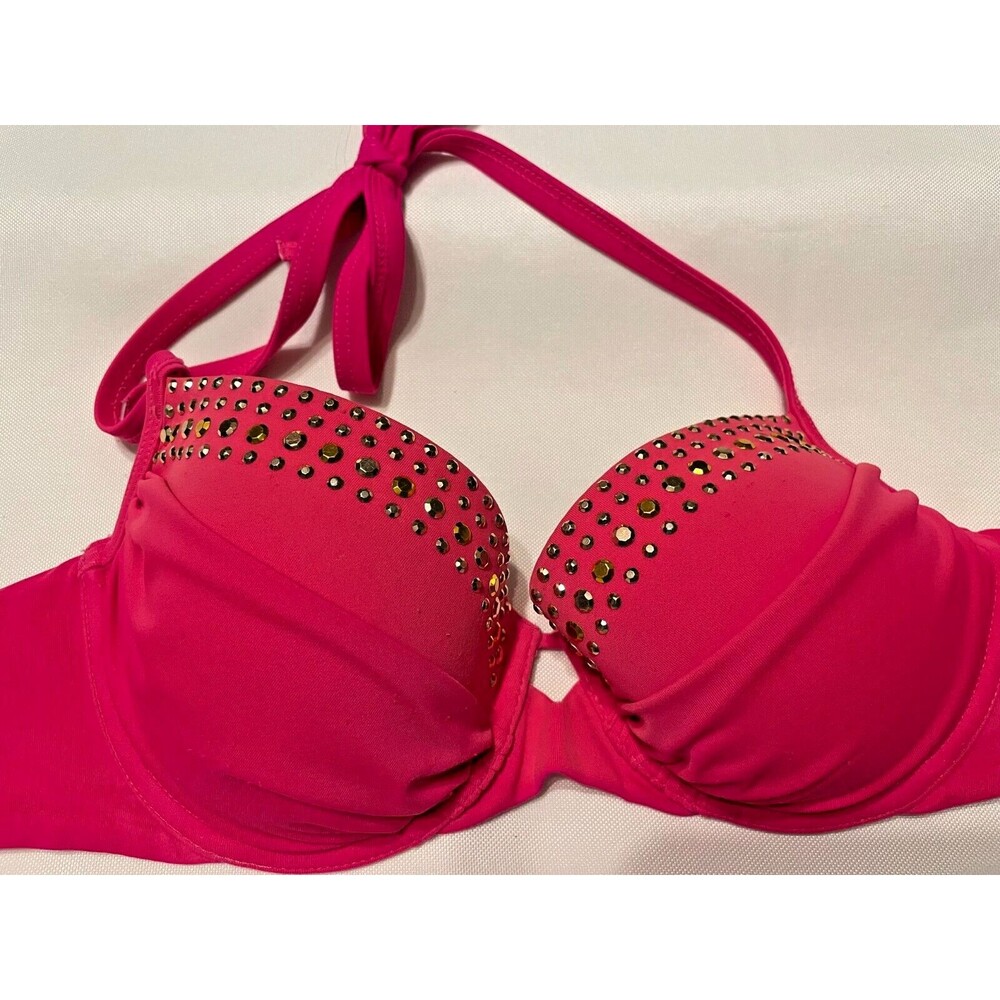 Victoria's Secret 32C Swim Top Push up Bra Bling Gold Studs hotie halter Pink